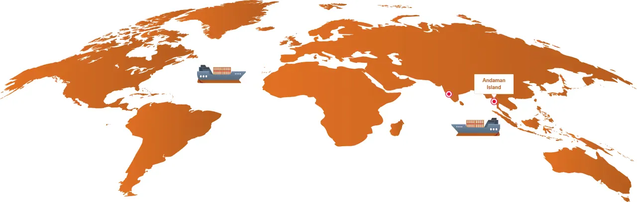 World map showing marine expansion toward India, with vessels in the Atlantic and Indian Ocean and Andaman Island marked